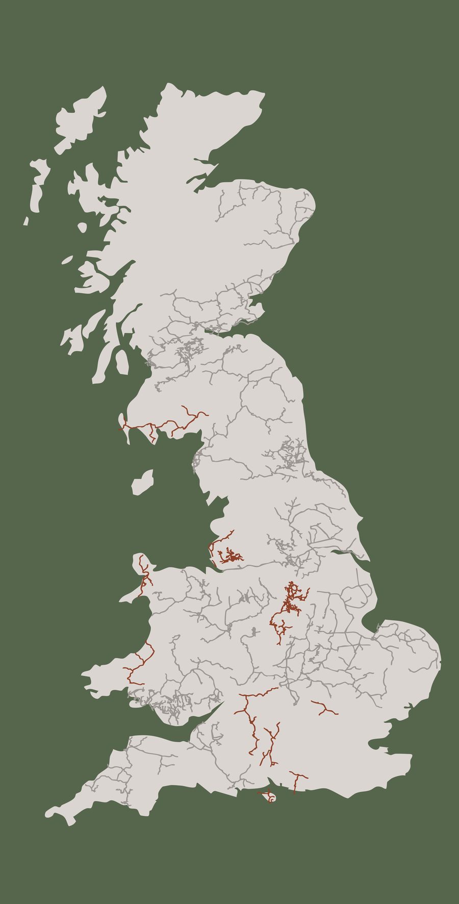 Map of Great Britain highlighting eleven standalone disused rail corridors