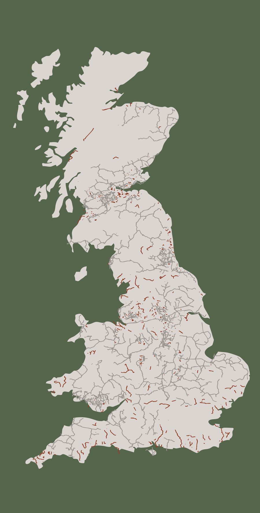 Map of Great Britain highlighting 84 individual disused rail routes